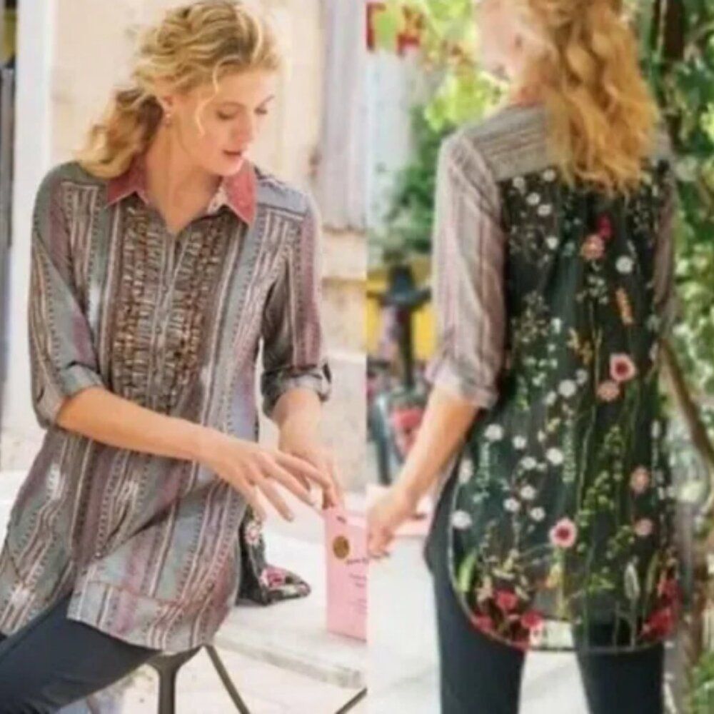 Soft Surroundings Elena Boho Embroidered Velvet Mixed Print Tunic 3X Floral